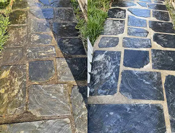 Avant et après nettoyage d'une allée en pierre